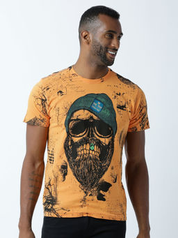 Huetrap - Mens Printed Round Neck Mustard T-Shirt