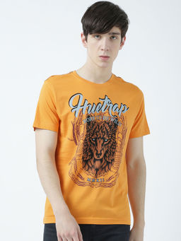 Huetrap - Mens Printed Round Neck Mustard T-Shirt