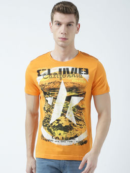 Huetrap - Mens Printed Round Neck Mustard T-Shirt