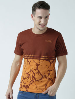 Huetrap - Mens Printed Round Neck Mustard T-Shirt