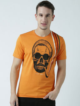 Huetrap - Mens Printed Round Neck Mustard T-Shirt