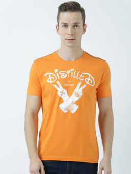 Huetrap - Mens Printed Round Neck Mustard T-Shirt