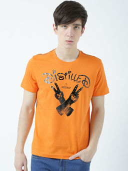 Huetrap - Mens Printed Round Neck Mustard T-Shirt