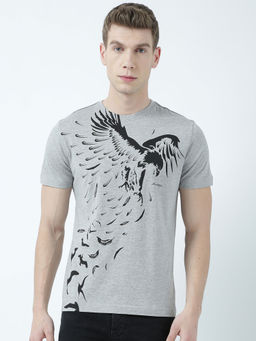 Huetrap - Mens Printed Round Neck Grey T-Shirt