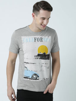 Huetrap - Mens Printed Round Neck Grey T-Shirt