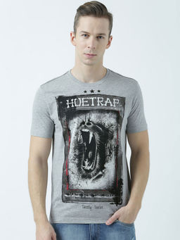 Huetrap - Mens Printed Round Neck Grey T-Shirt
