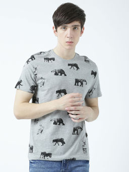 Huetrap - Mens Printed Round Neck Grey T-Shirt