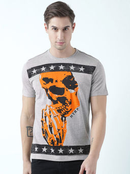 Huetrap - Mens Printed Round Neck Grey T-Shirt