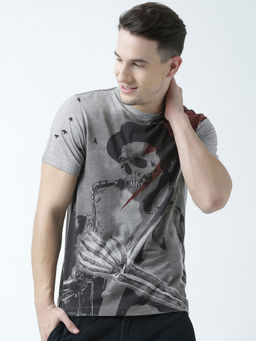 Huetrap - Mens Printed Round Neck Grey T-Shirt