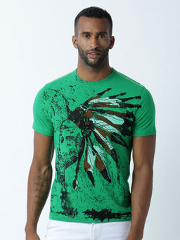 Huetrap - Mens Printed Round Neck Green T-Shirt