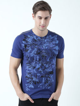Huetrap - Mens Printed Round Neck Navy Blue T-Shirt