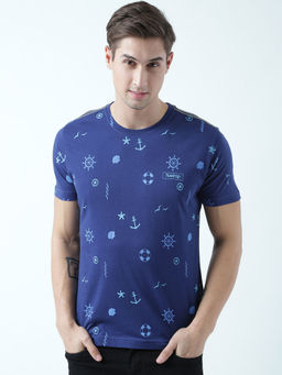 Huetrap - Mens Printed Round Neck Navy Blue T-Shirt