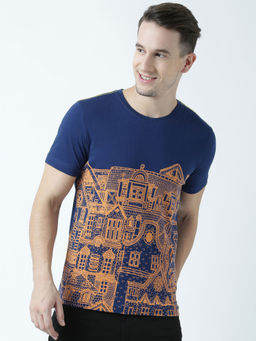 Huetrap - Mens Printed Round Neck Navy Blue T-Shirt