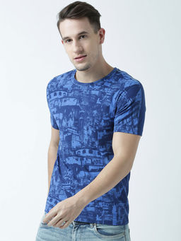 Huetrap - Mens Printed Round Neck Navy Blue T-Shirt