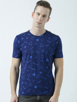 Huetrap - Mens Printed Round Neck Navy Blue T-Shirt