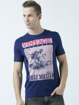 Huetrap - Mens Printed Round Neck Navy Blue T-Shirt