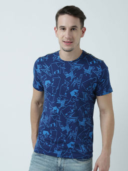Huetrap - Mens Printed Round Neck Navy Blue T-Shirt