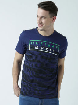 Huetrap - Mens Printed Round Neck Navy Blue T-Shirt
