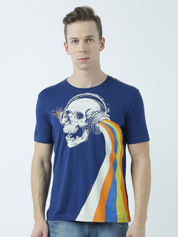 Huetrap - Mens Printed Round Neck Navy Blue T-Shirt