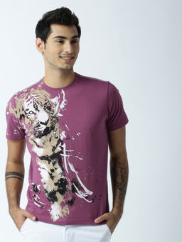 Huetrap - Mens Printed Round Neck Purple T-Shirt