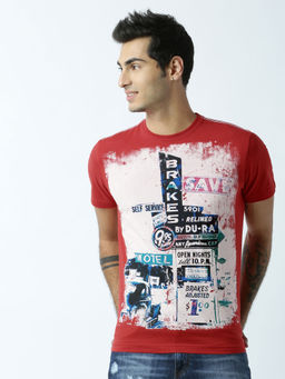 Huetrap - Mens Printed Round Neck Red T-Shirt