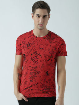 Huetrap - Mens Printed Round Neck Red T-Shirt