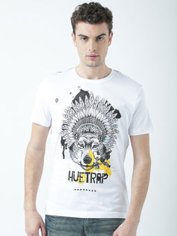 Huetrap - Mens Printed Round Neck White T-Shirt