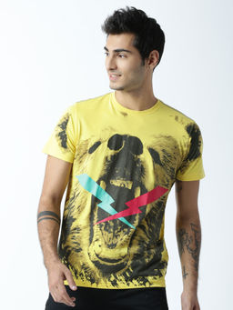Huetrap - Mens Printed Round Neck Yellow T-Shirt