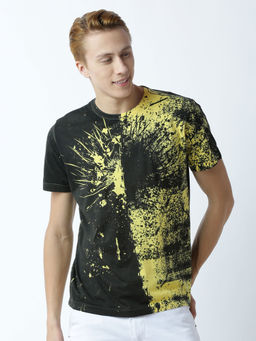 Huetrap - Mens Printed Round Neck Yellow T-Shirt