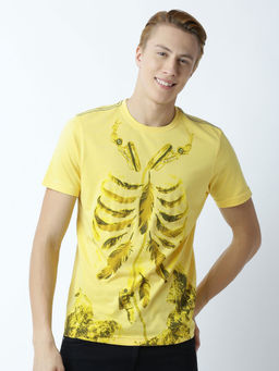 Huetrap - Mens Printed Round Neck Yellow T-Shirt