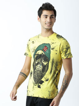 Huetrap - Mens Printed Round Neck Yellow T-Shirt