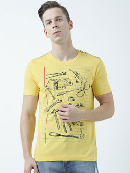 Huetrap - Mens Printed Round Neck Yellow T-Shirt