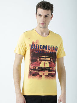 Huetrap - Mens Printed Round Neck Yellow T-Shirt