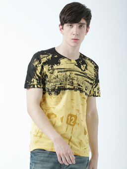 Huetrap - Mens Printed Round Neck Yellow T-Shirt