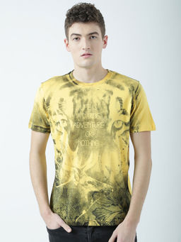 Huetrap - Mens Printed Round Neck Yellow T-Shirt