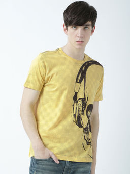 Huetrap - Mens Printed Round Neck Yellow T-Shirt