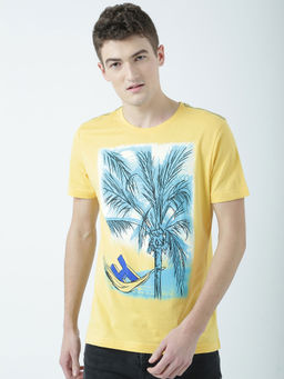 Huetrap - Mens Printed Round Neck Yellow T-Shirt