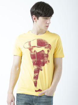 Huetrap - Mens Printed Round Neck Yellow T-Shirt