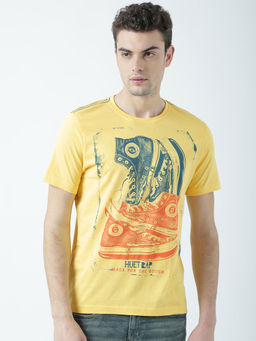 Huetrap - Mens Printed Round Neck Yellow T-Shirt