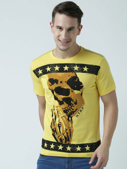 Huetrap - Mens Printed Round Neck Yellow T-Shirt
