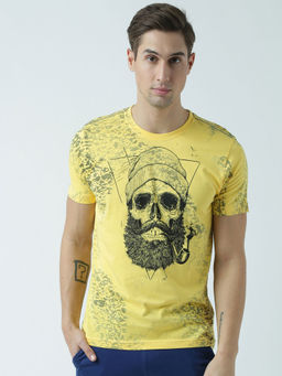 Huetrap - Mens Printed Round Neck Yellow T-Shirt