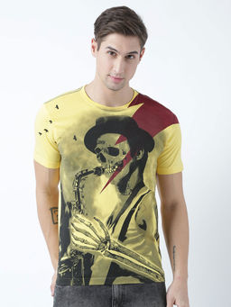 Huetrap - Mens Printed Round Neck Yellow T-Shirt