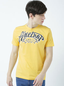 Huetrap - Mens Printed Round Neck Yellow T-Shirt