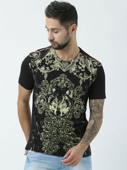 Huetrap - Mens Printed Round Neck Black T-Shirt