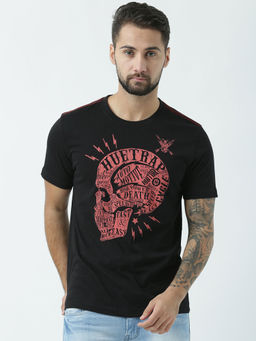 Huetrap - Mens Printed Round Neck Black T-Shirt