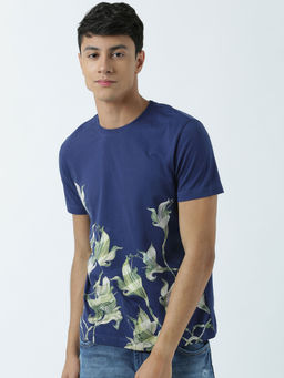 Huetrap - Mens Printed Round Neck Navy Blue T-Shirt