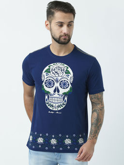 Huetrap - Mens Printed Round Neck Navy Blue T-Shirt