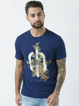 Huetrap - Mens Printed Round Neck Navy Blue T-Shirt