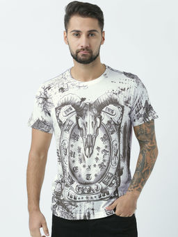 Huetrap - Mens Printed Round Neck White T-Shirt