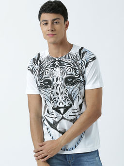 Huetrap - Mens Printed Round Neck White T-Shirt